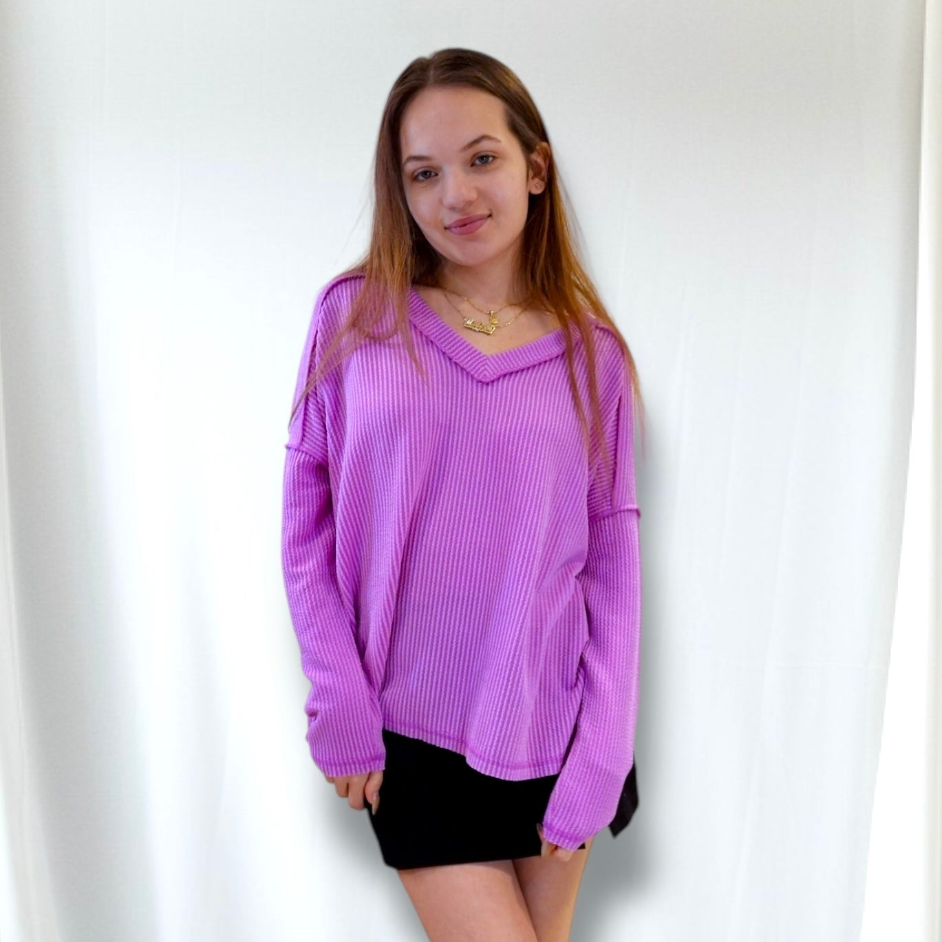 Corded Rib Long Sleeve Hi-low V Neck Top