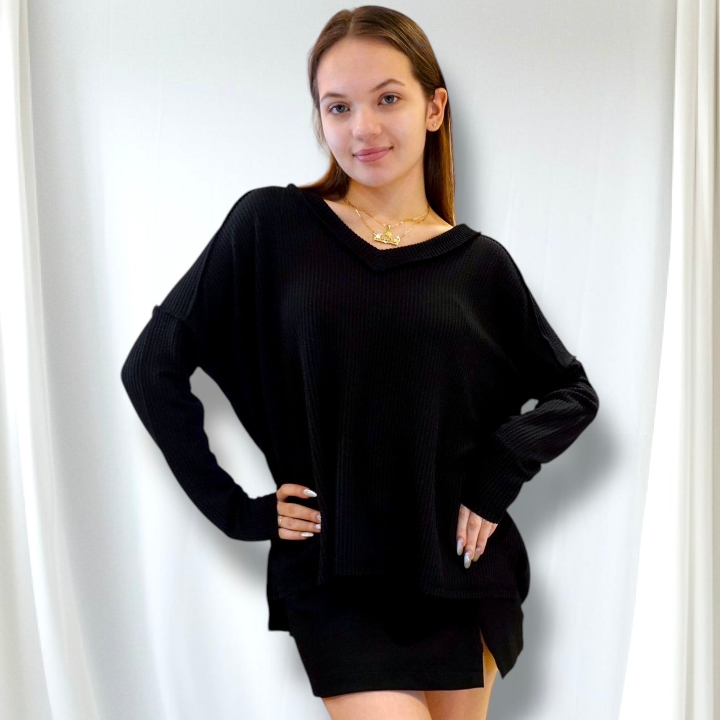 Corded Rib Long Sleeve Hi-low V Neck Top