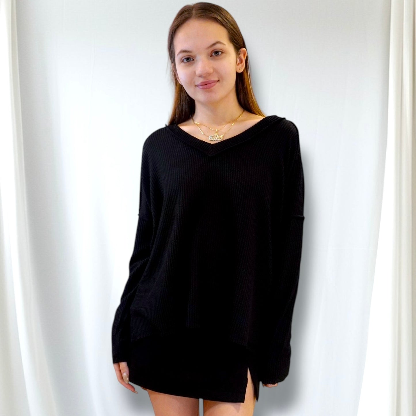 Corded Rib Long Sleeve Hi-low V Neck Top