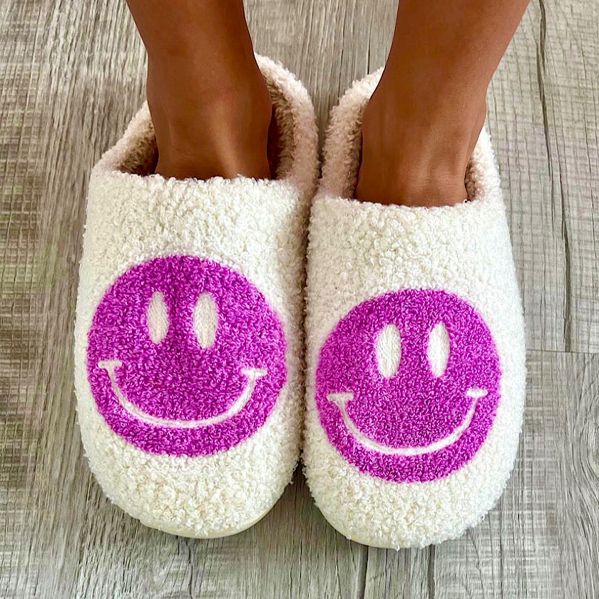 Fuzzy Soho Happy Face Slippers - cutandcropped